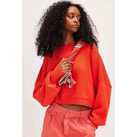 NWT Free People Easy Street Crop Sweater Orange Small Oversized Rib Knit - Picture 3 of 10